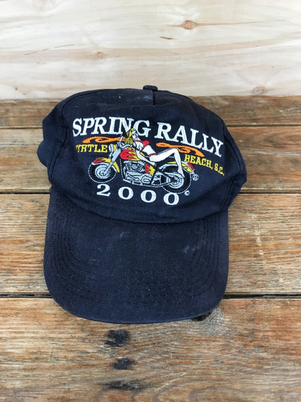 Vintage Biker Hat Spring Rally 2000 Myrtle Beach Black Snapback Hot Babe
